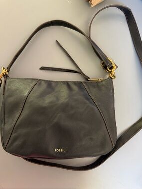 Fossil Black Leather Crossbody with Gold Hardware